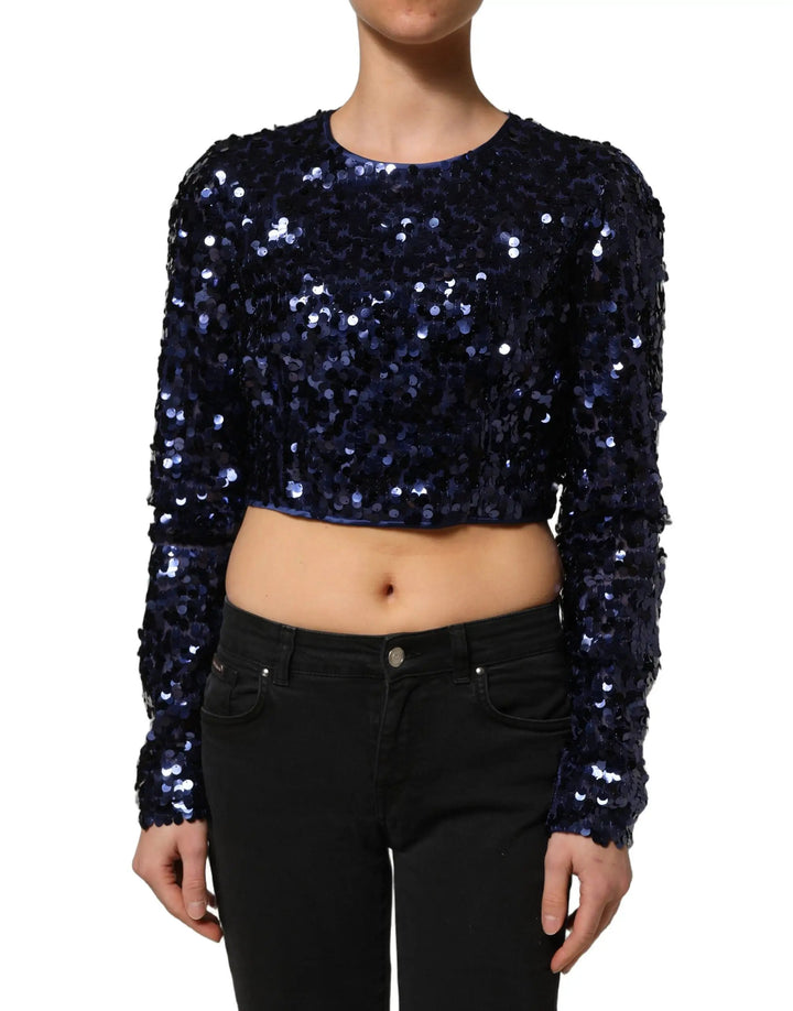 Dolce &amp; Gabbana Sample Sale | Dolce &amp; Gabbana Blue Sequined Long Sleeves Crop Blouse Top - | Designer outlet