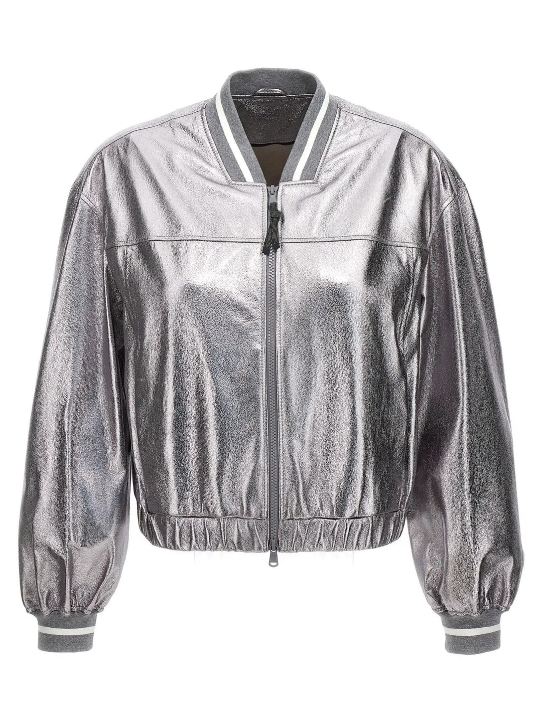 Brunello Cucinelli Silver Leather Bomber