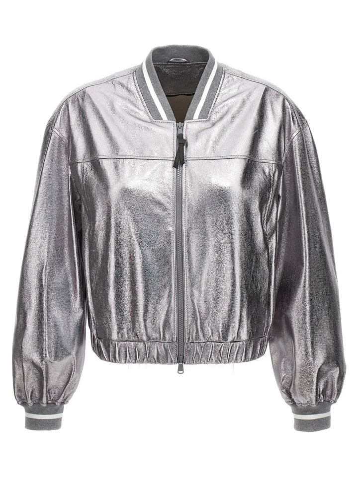 Brunello Cucinelli Silver Leather Bomber