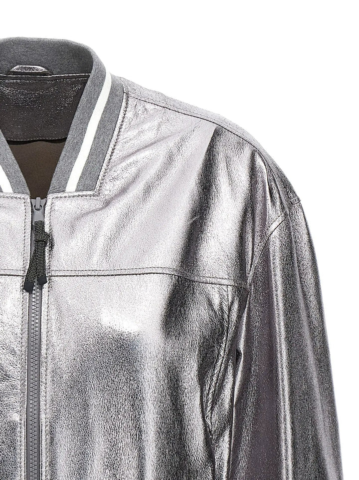 Brunello Cucinelli Silver Leather Bomber