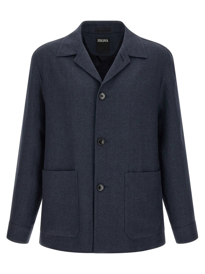ZEGNA Blue Linen Full-Length Jacket