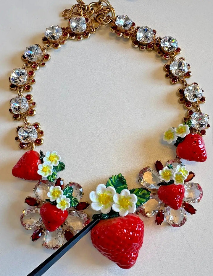 Dolce &amp; Gabbana Gold Brass FRUIT Pendants Flowers Crystal Logo Necklace