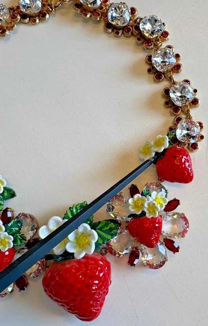 Dolce &amp; Gabbana Gold Brass FRUIT Pendants Flowers Crystal Logo Necklace