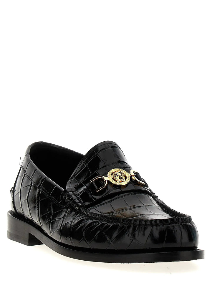 Versace Black Velvet Leather Slip-On Loafers