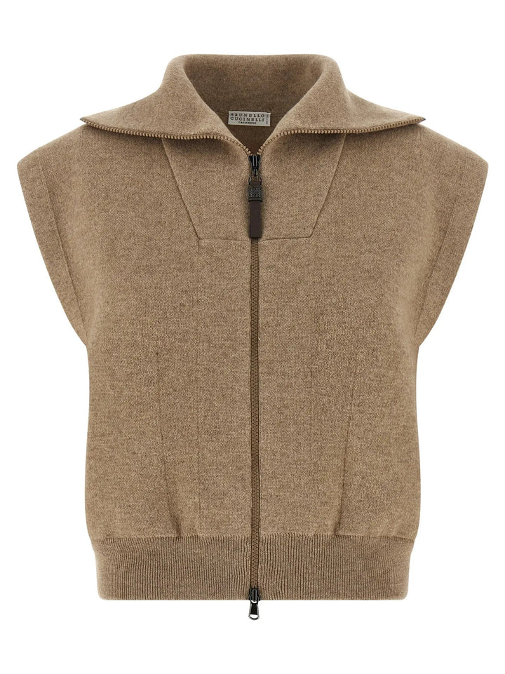 Brunello Cucinelli Beige Cashmere Sleeveless Jacket