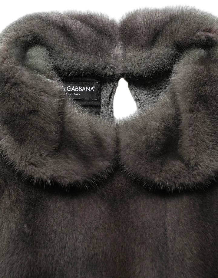 Dolce &amp; Gabbana Dark Gray Mink Fur Round Collar Blouse Top