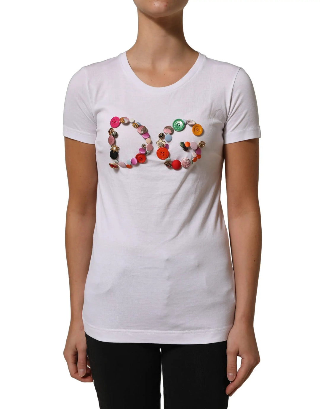 Dolce &amp; Gabbana White DG Logo Embellished Round Neck T-shirt