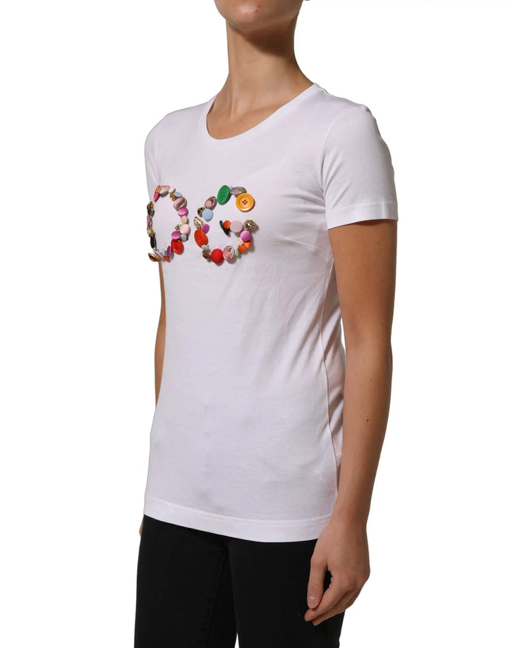 Dolce &amp; Gabbana White DG Logo Embellished Round Neck T-shirt