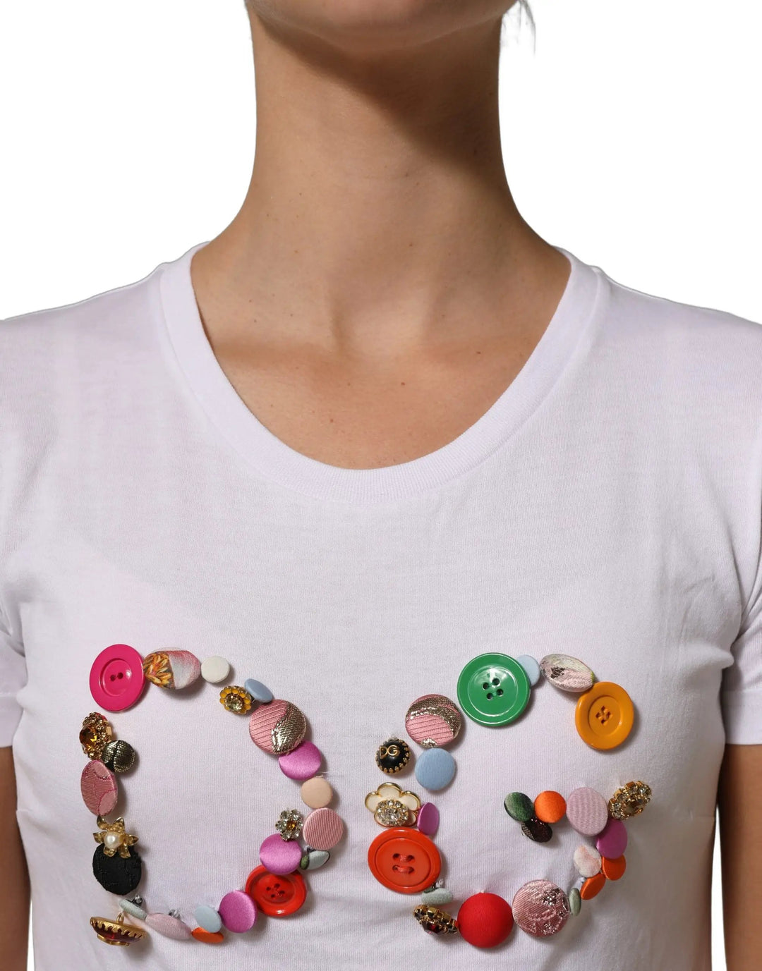 Dolce &amp; Gabbana White DG Logo Embellished Round Neck T-shirt