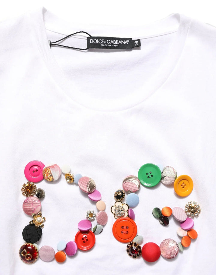 Dolce &amp; Gabbana White DG Logo Embellished Round Neck T-shirt