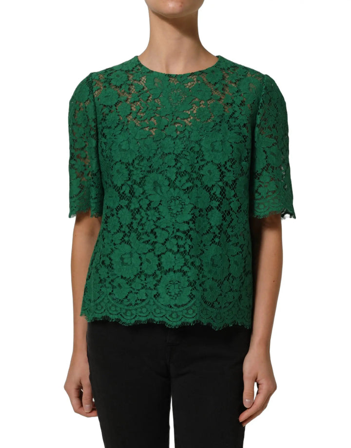 Dolce &amp; Gabbana Green Floral Lace Round Neck Blouse Top
