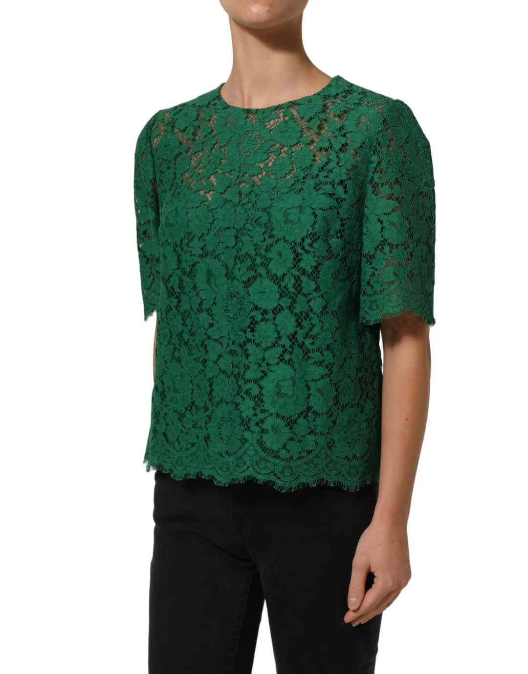 Dolce &amp; Gabbana Green Floral Lace Round Neck Blouse Top