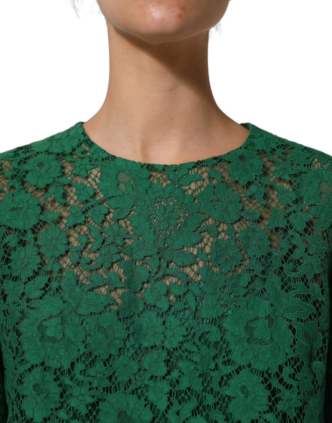 Dolce &amp; Gabbana Green Floral Lace Round Neck Blouse Top