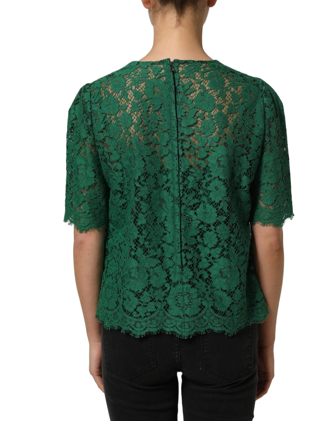 Dolce &amp; Gabbana Green Floral Lace Round Neck Blouse Top