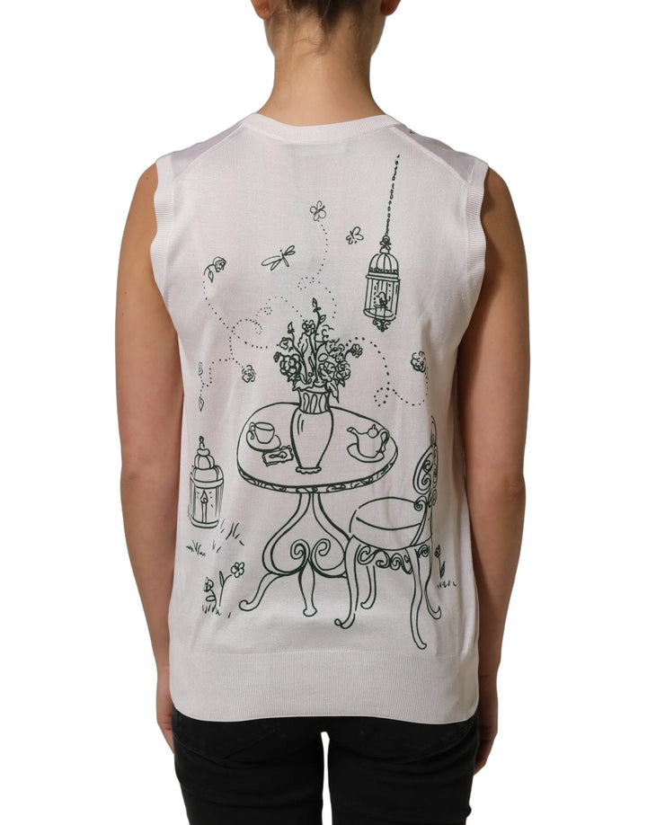Dolce &amp; Gabbana White Silk Knit Garden Fountain Print Tank Top