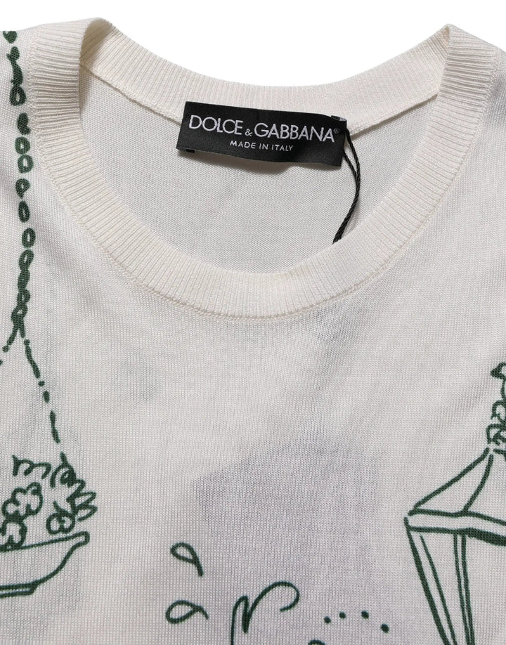 Dolce &amp; Gabbana White Silk Knit Garden Fountain Print Tank Top