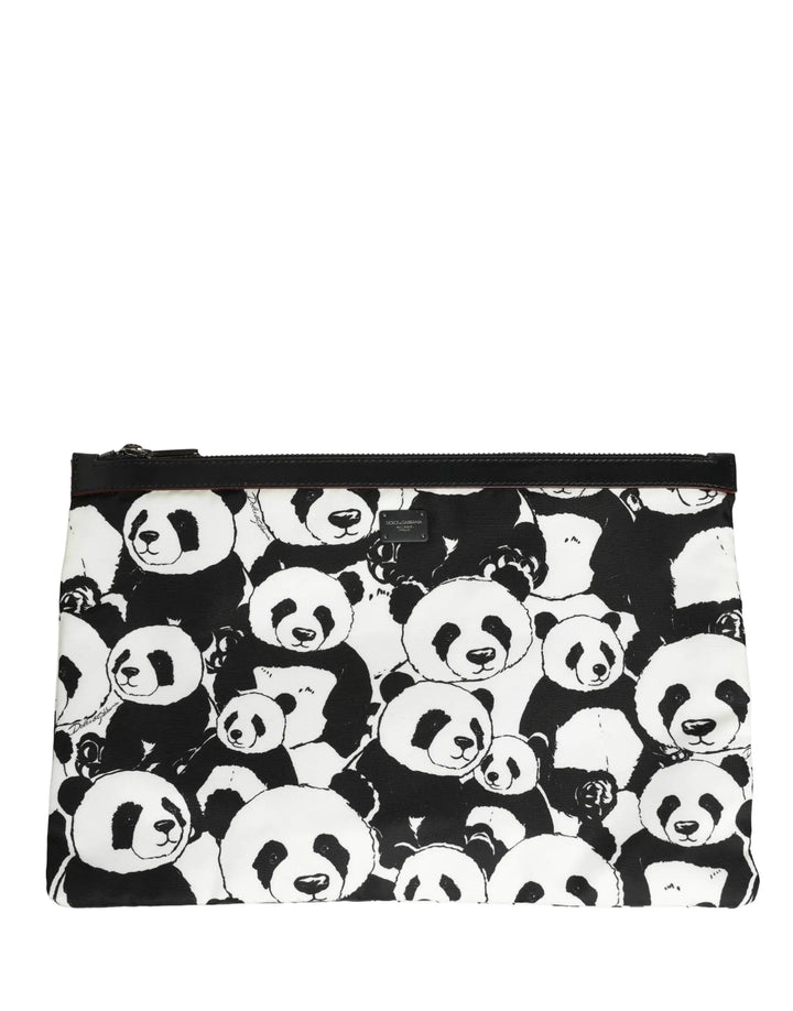 Dolce &amp; Gabbana Black White Panda Print Nylon Clutch Men Pouch Borse Bag