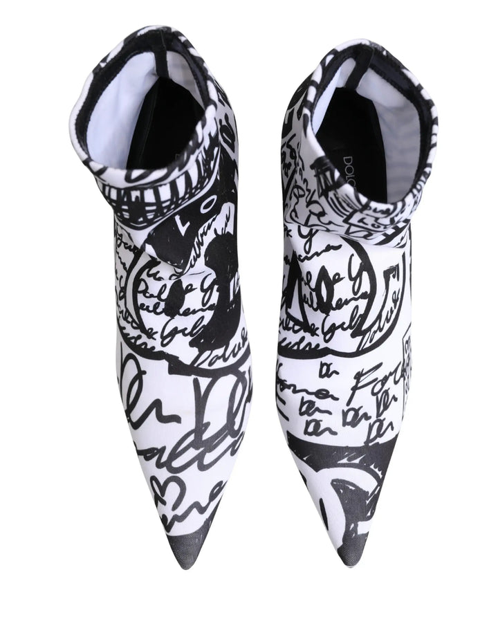 Dolce &amp; Gabbana White Graffiti Stretch Ankle Boots Shoes