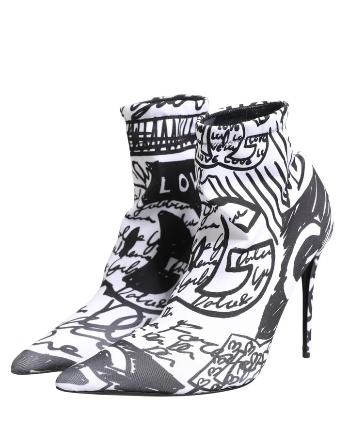 Dolce &amp; Gabbana White Graffiti Stretch Ankle Boots Shoes