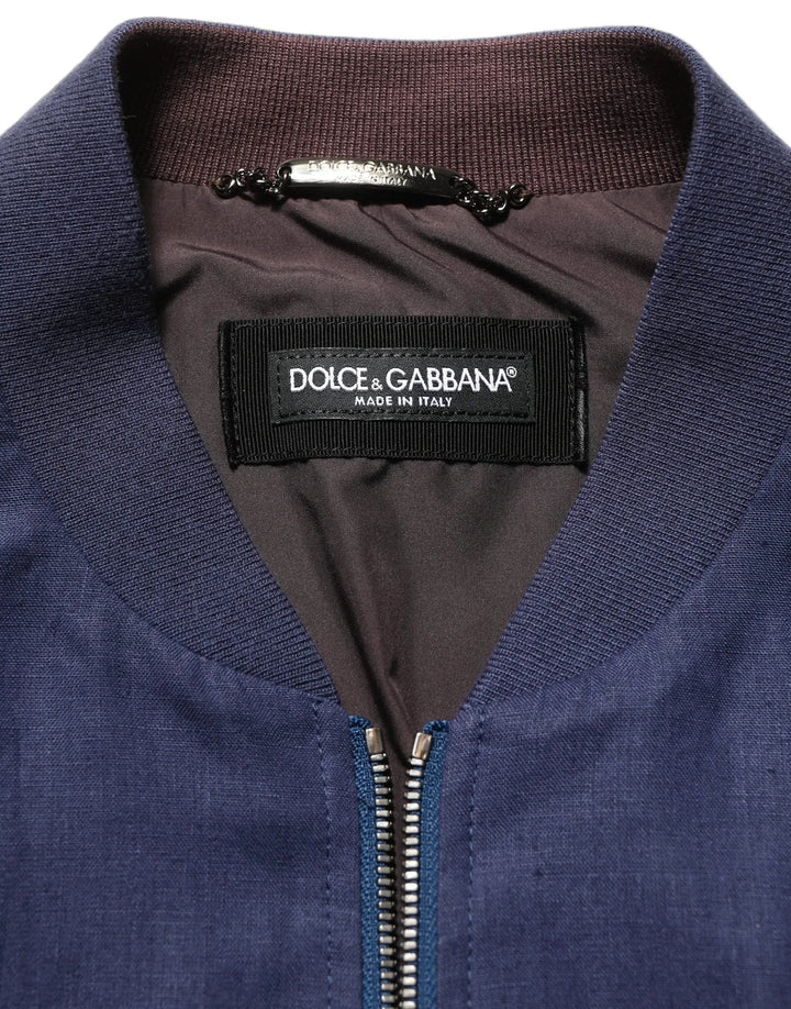 Dolce &amp; Gabbana Sample Sale | Dolce &amp; Gabbana Blue Linen Full Zip Men Bomber Jacket - | Designer outlet
