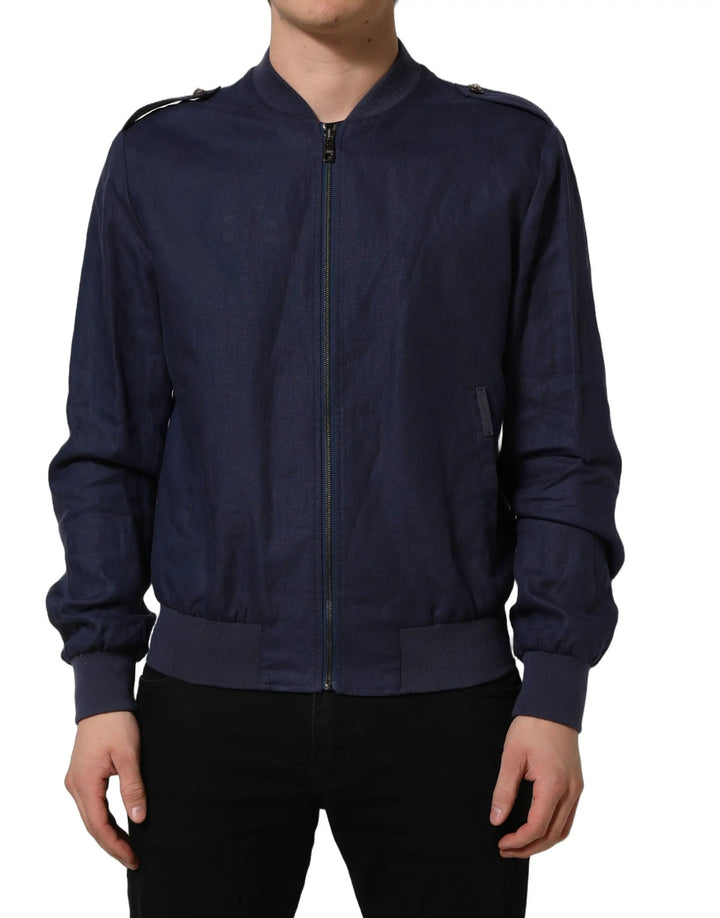 Dolce &amp; Gabbana Sample Sale | Dolce &amp; Gabbana Blue Linen Full Zip Men Bomber Jacket - | Designer outlet