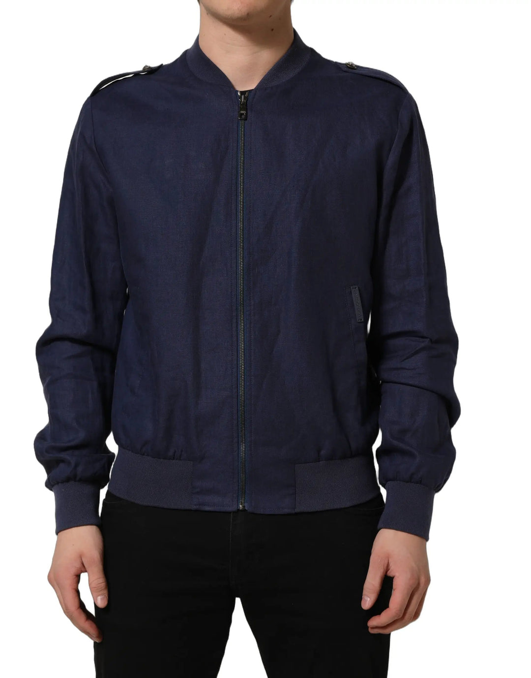 Dolce &amp; Gabbana Sample Sale | Dolce &amp; Gabbana Blue Linen Full Zip Men Bomber Jacket - | Designer outlet