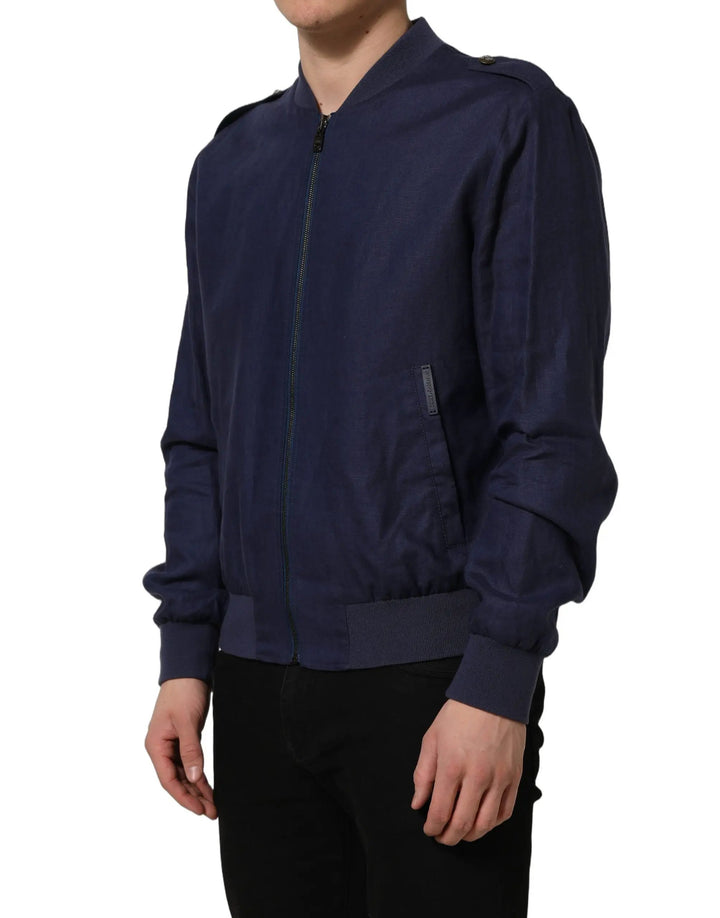 Dolce &amp; Gabbana Sample Sale | Dolce &amp; Gabbana Blue Linen Full Zip Men Bomber Jacket - | Designer outlet