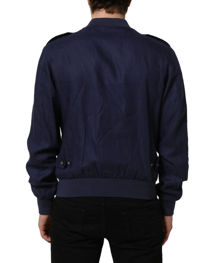 Dolce &amp; Gabbana Sample Sale | Dolce &amp; Gabbana Blue Linen Full Zip Men Bomber Jacket - | Designer outlet
