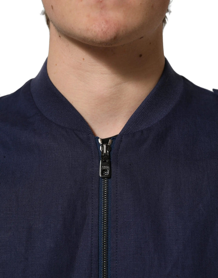 Dolce &amp; Gabbana Sample Sale | Dolce &amp; Gabbana Blue Linen Full Zip Men Bomber Jacket - | Designer outlet