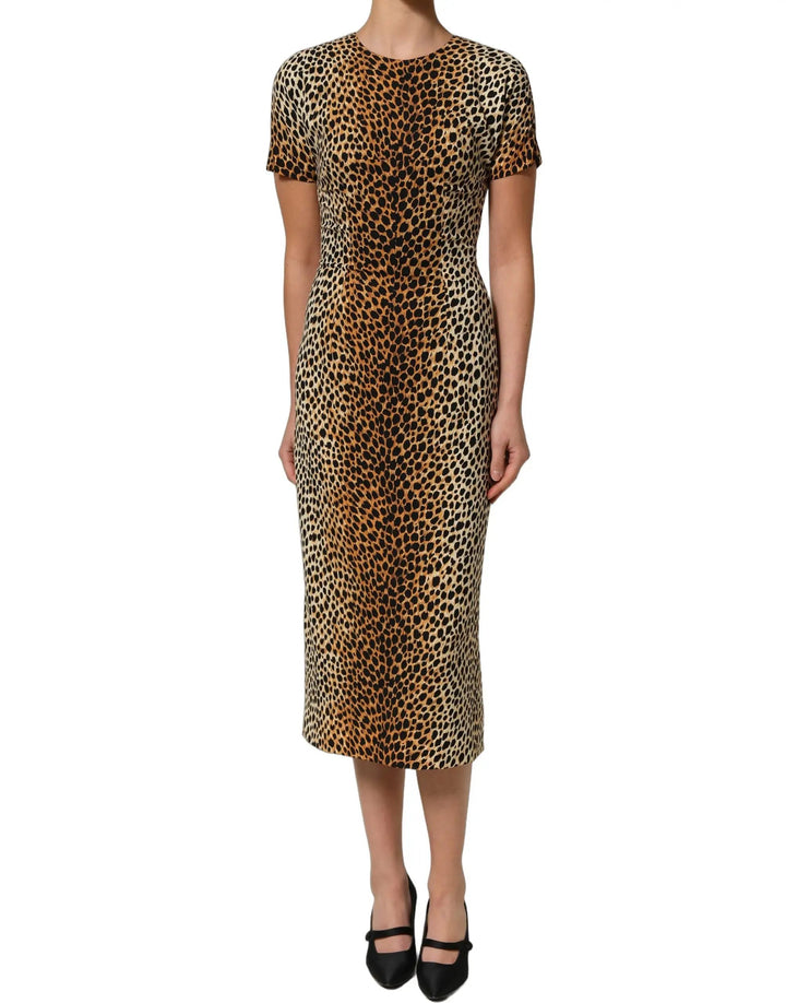 Dolce &amp; Gabbana Brown Leopard Print Silk Sheath Midi Dress