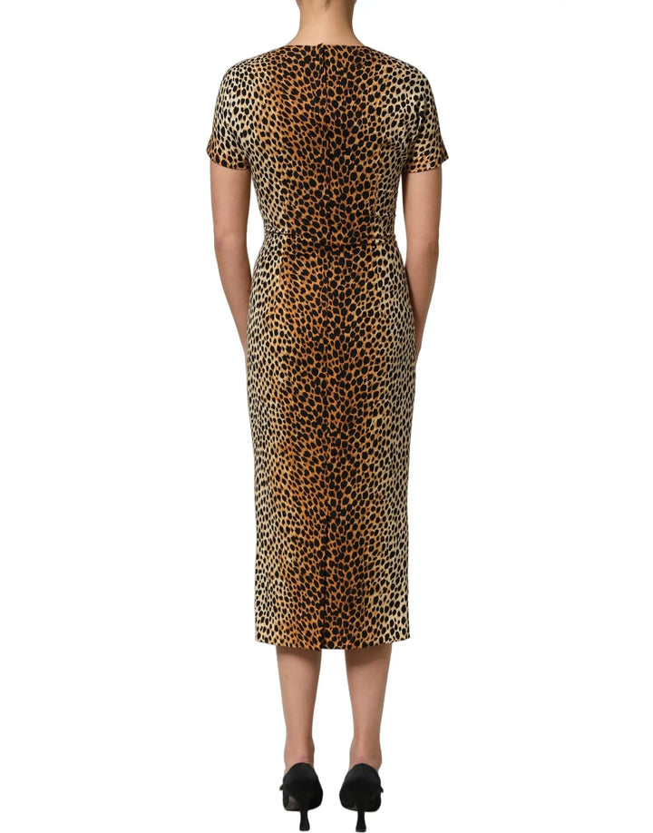 Dolce &amp; Gabbana Brown Leopard Print Silk Sheath Midi Dress