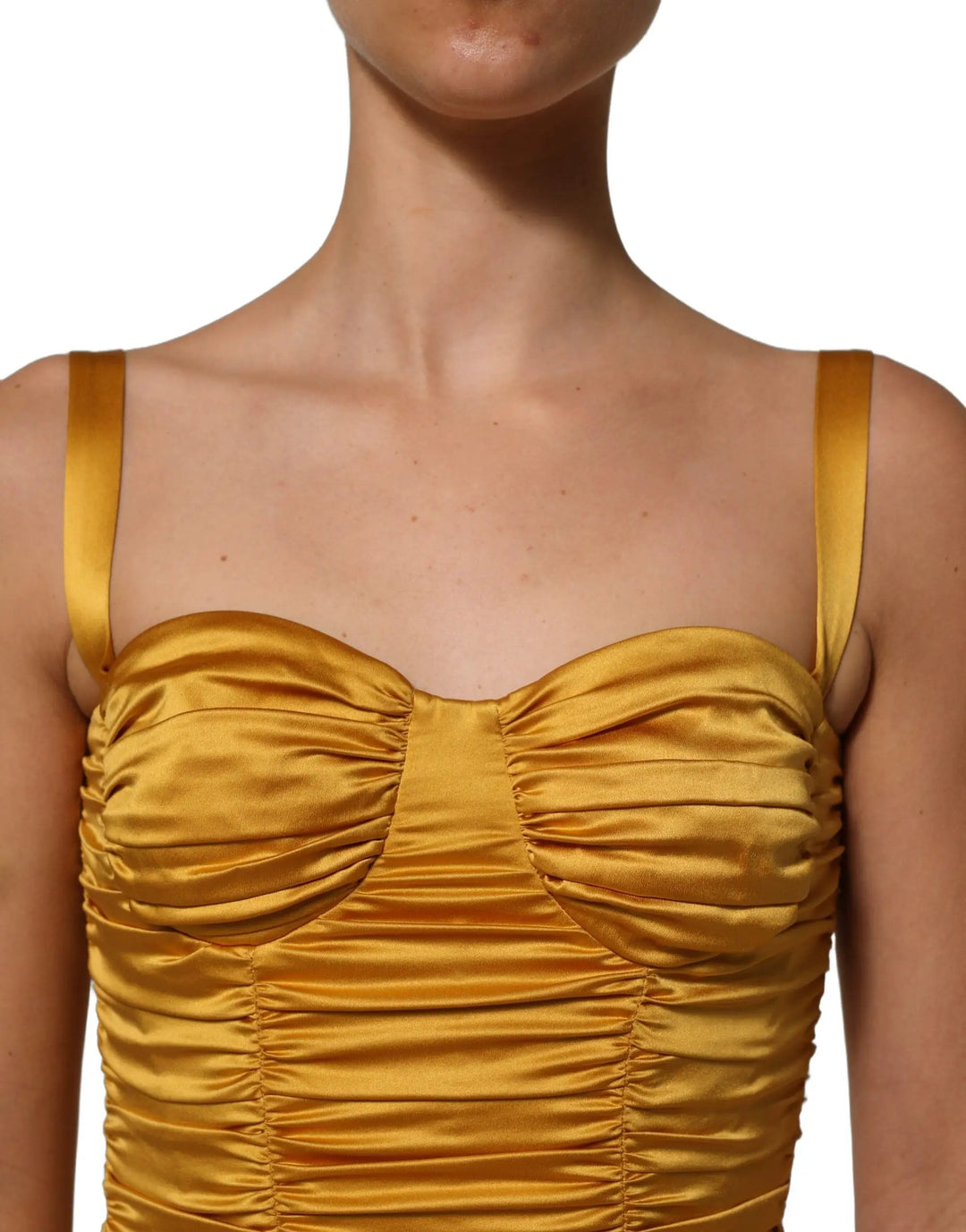 Dolce &amp; Gabbana Gold Silk Ruched Bodycon Sheath Midi Dress