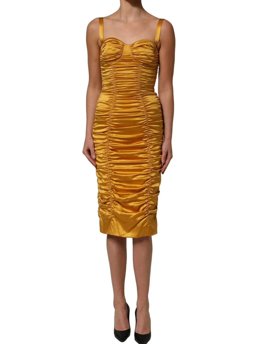 Dolce &amp; Gabbana Gold Silk Ruched Bodycon Sheath Midi Dress