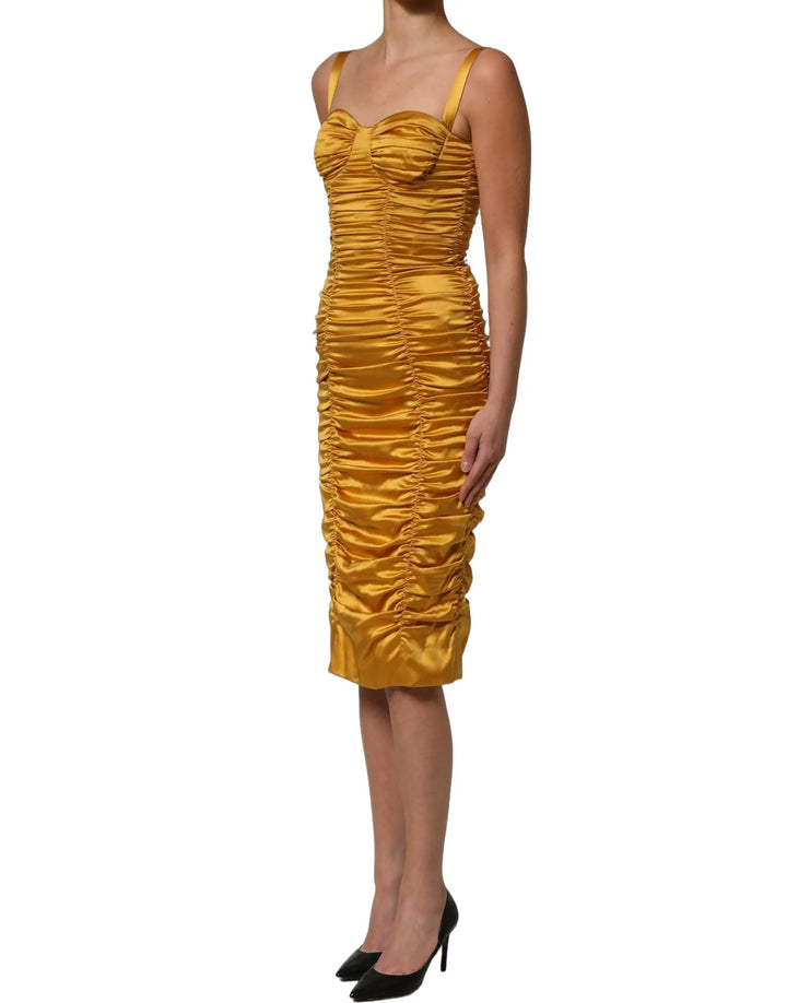 Dolce &amp; Gabbana Gold Silk Ruched Bodycon Sheath Midi Dress