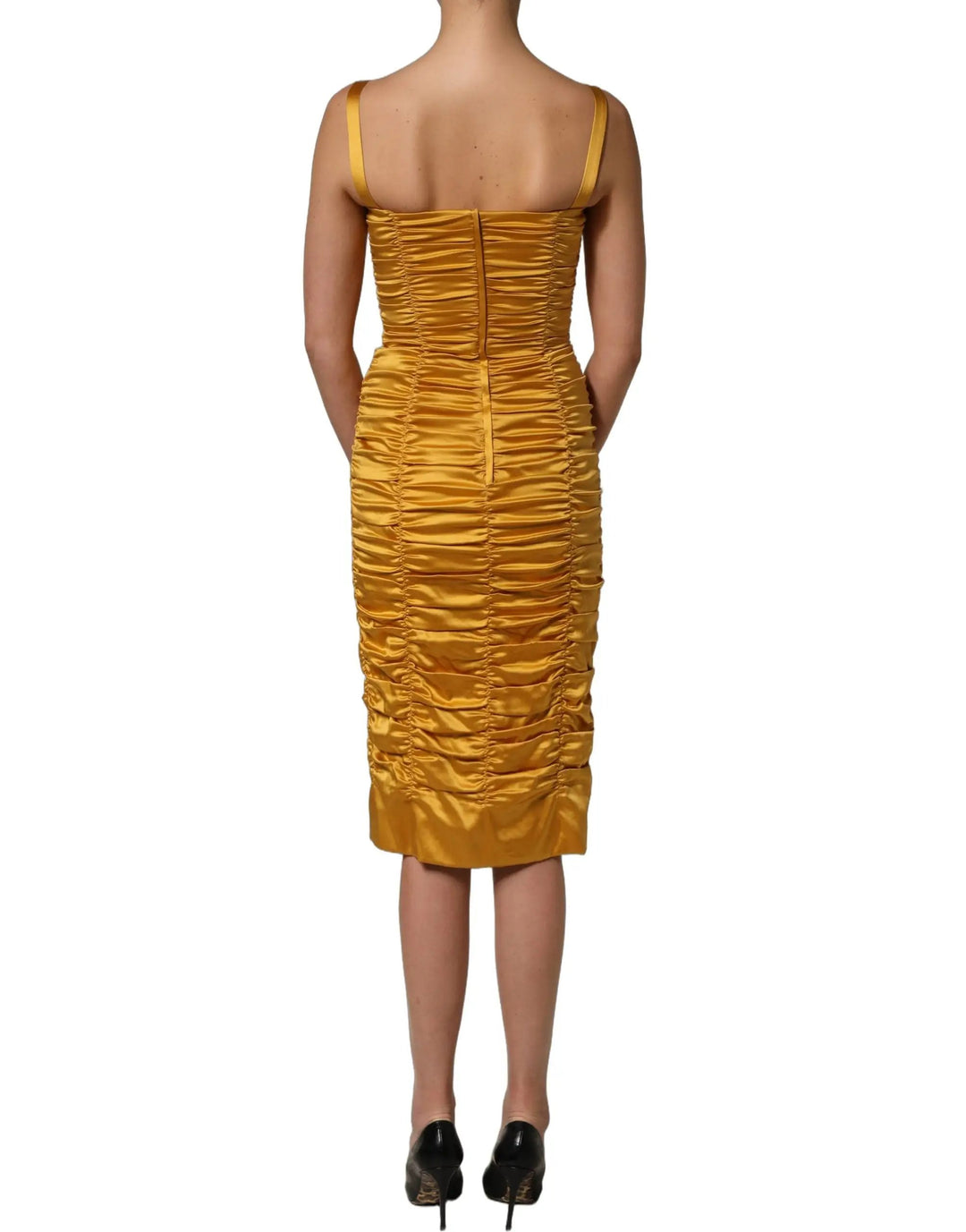 Dolce &amp; Gabbana Gold Silk Ruched Bodycon Sheath Midi Dress