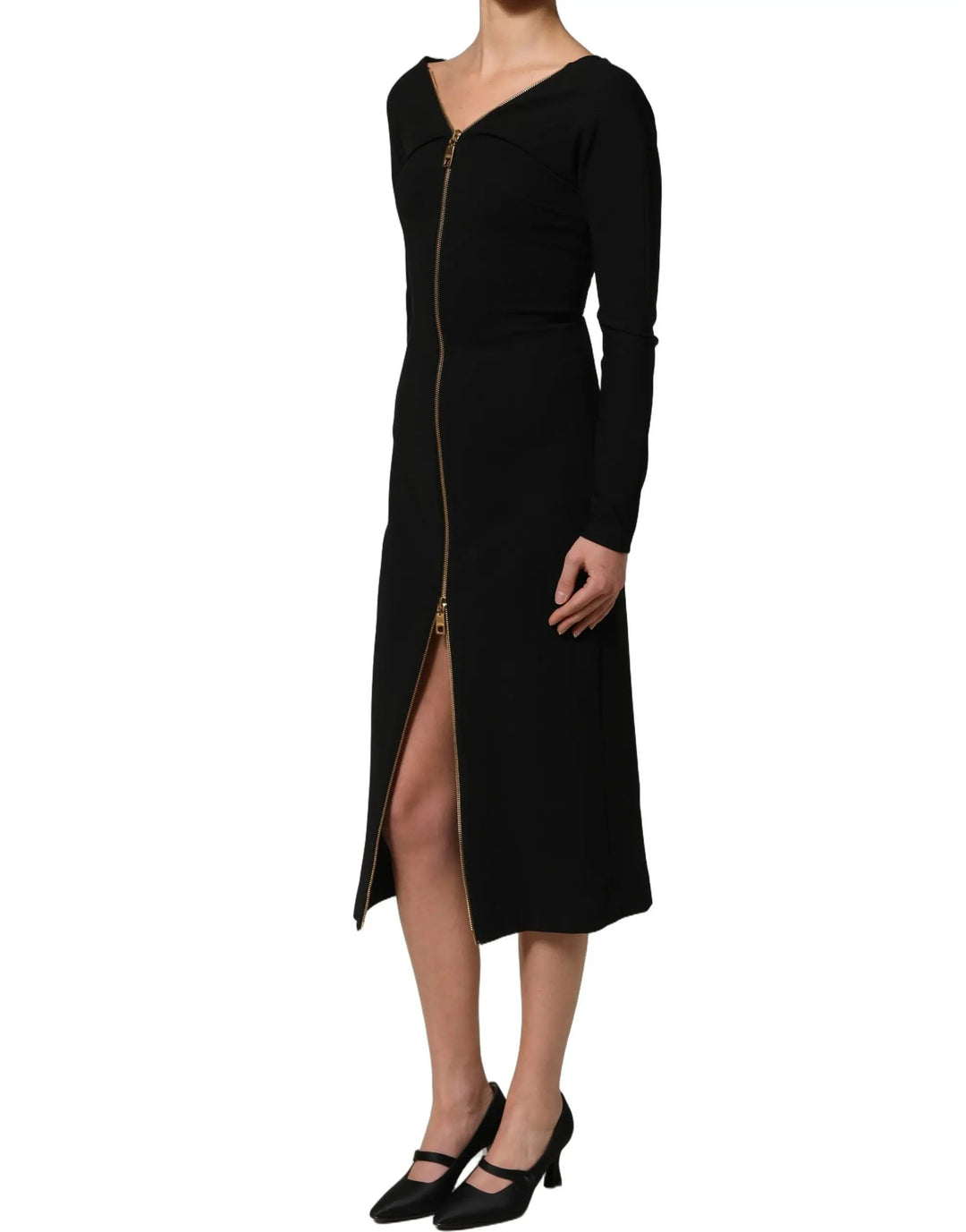 Dolce &amp; Gabbana Black Long Sleeves Front Zipper Midi Dress