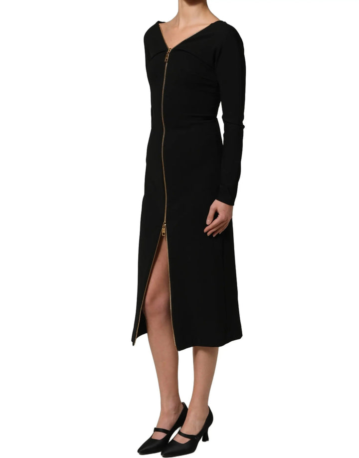 Dolce &amp; Gabbana Black Long Sleeves Front Zipper Midi Dress