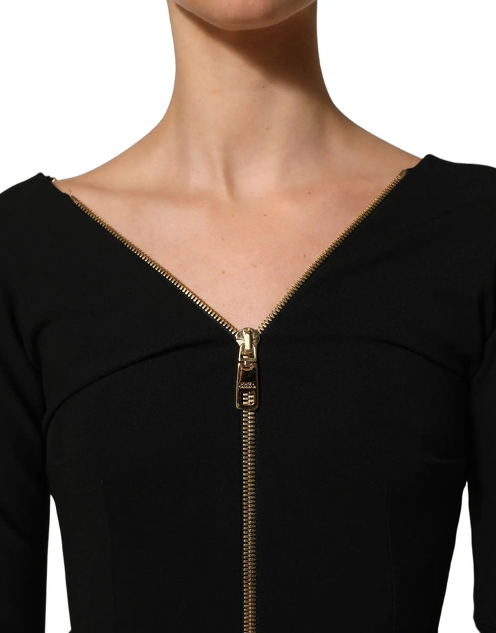 Dolce &amp; Gabbana Black Long Sleeves Front Zipper Midi Dress
