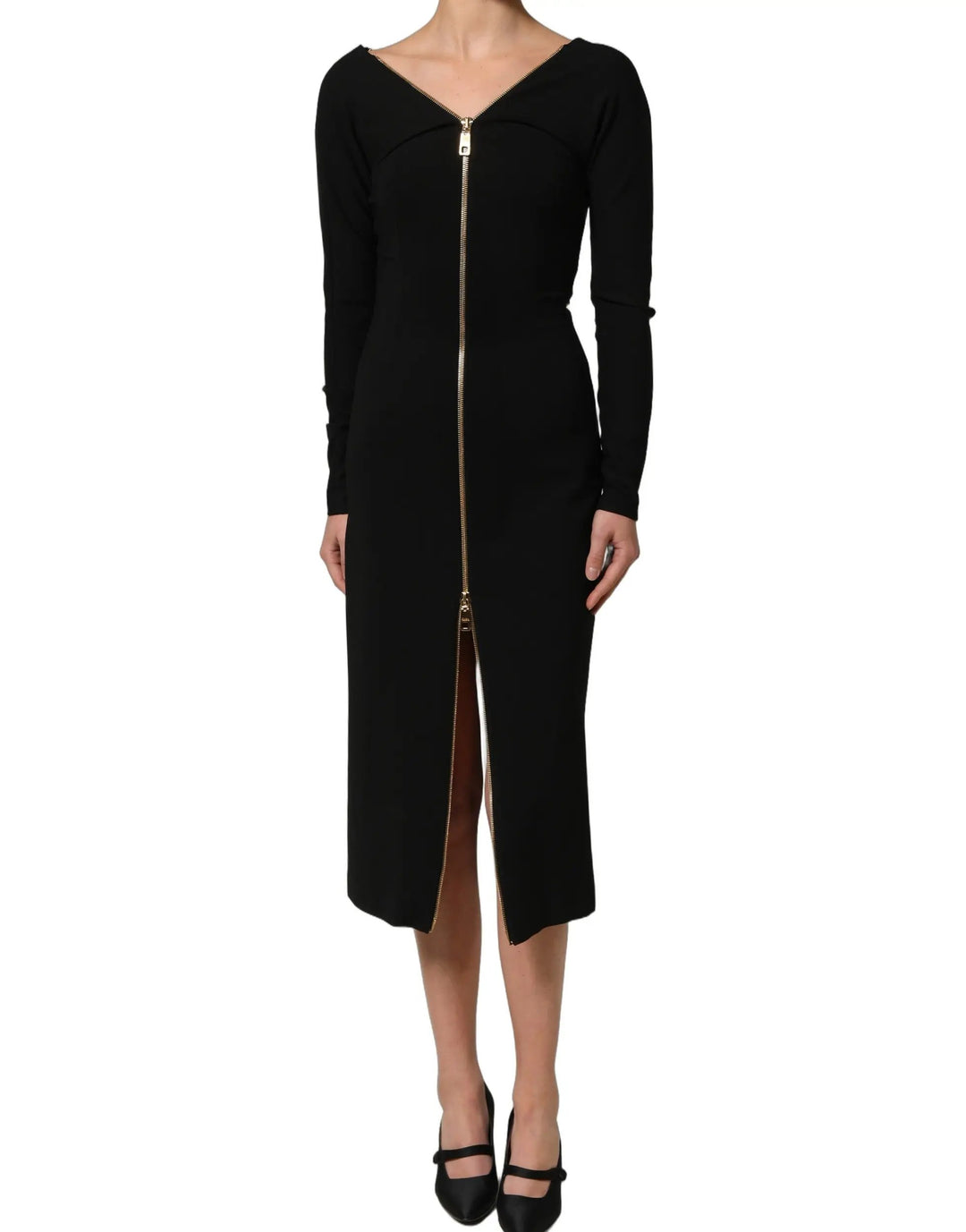 Dolce &amp; Gabbana Black Long Sleeves Front Zipper Midi Dress