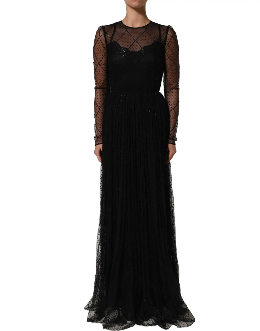 Dolce & Gabbana Sample Sale | Dolce & Gabbana Black Mesh Lace Long Sleeved Maxi Gown Dress - | Designer outlet