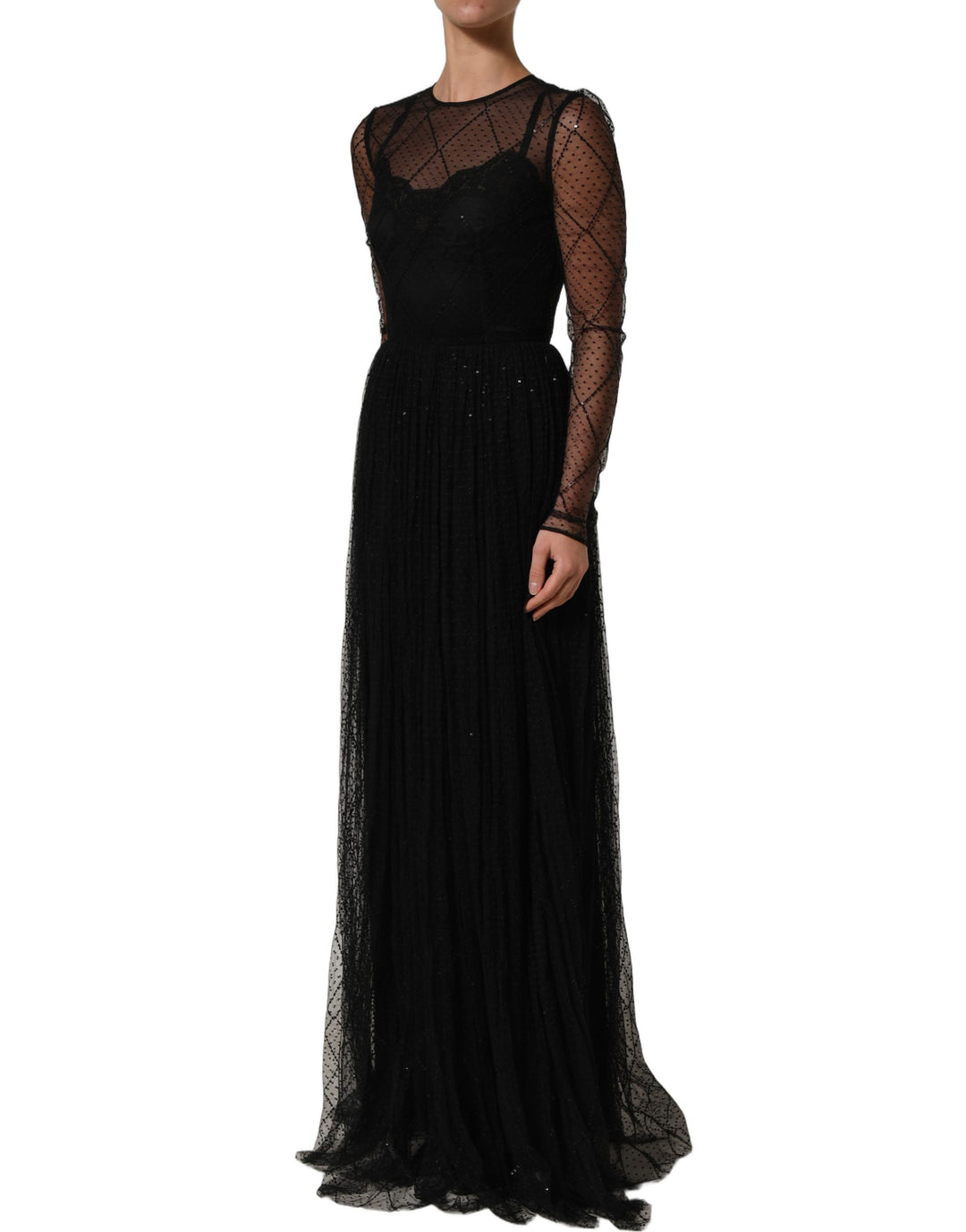 Dolce &amp; Gabbana Black Mesh Lace Long Sleeved Maxi Gown Dress