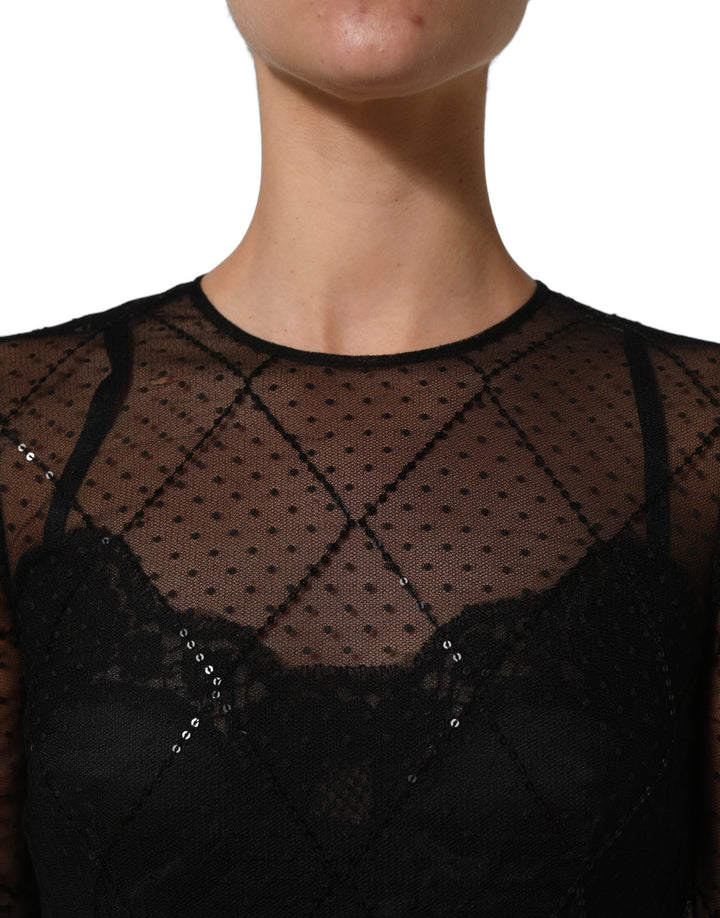 Dolce &amp; Gabbana Black Mesh Lace Long Sleeved Maxi Gown Dress