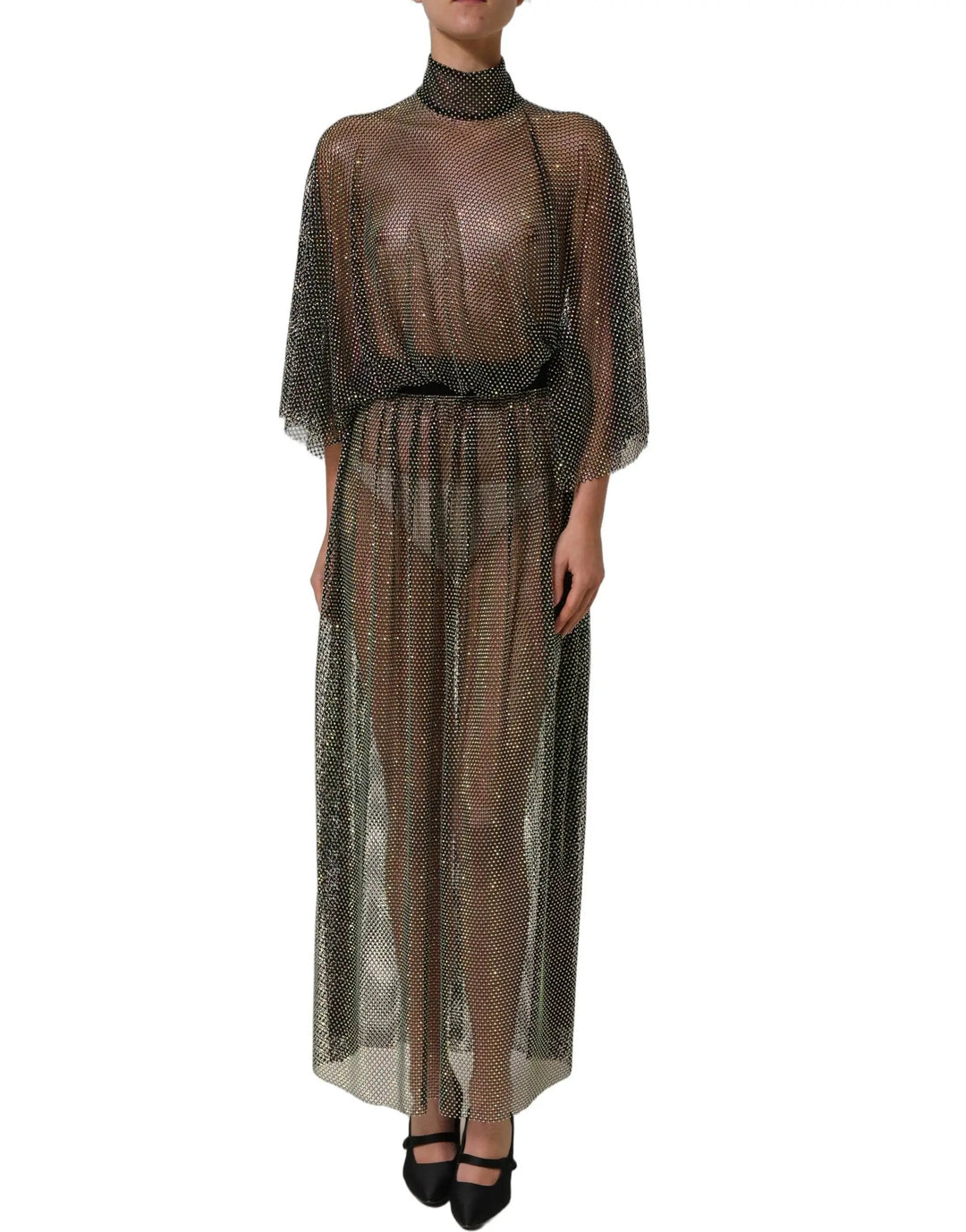 Dolce &amp; Gabbana Black Rhinestone Mesh Turtleneck Maxi Dress