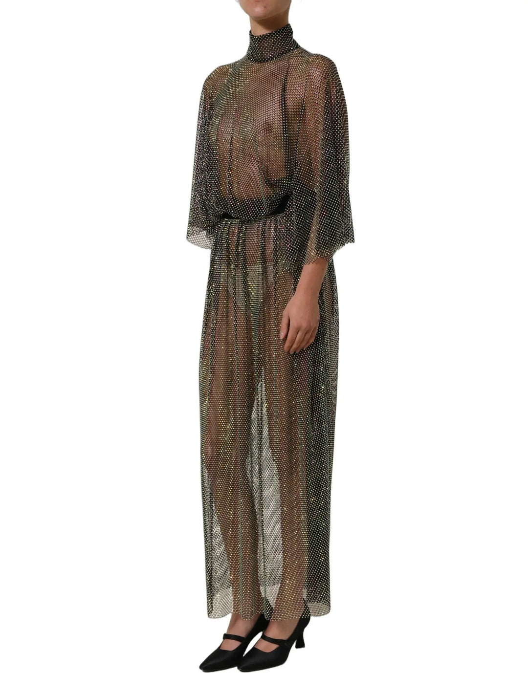 Dolce &amp; Gabbana Black Rhinestone Mesh Turtleneck Maxi Dress