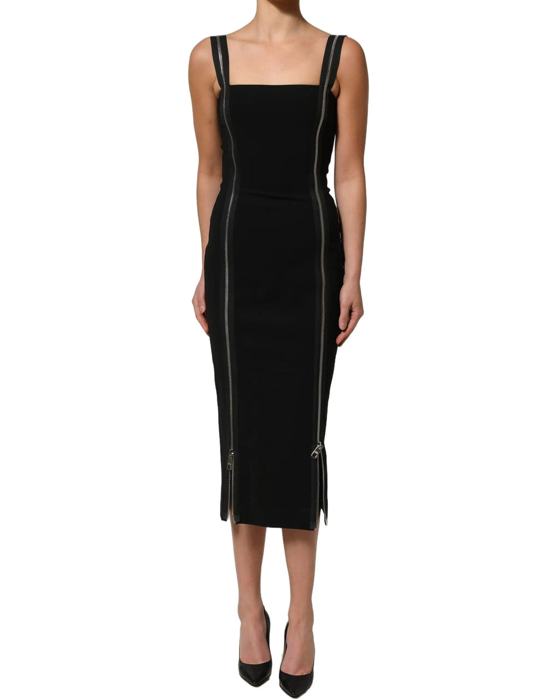 Dolce &amp; Gabbana Black Sleeveless Front Zipper Midi Dress