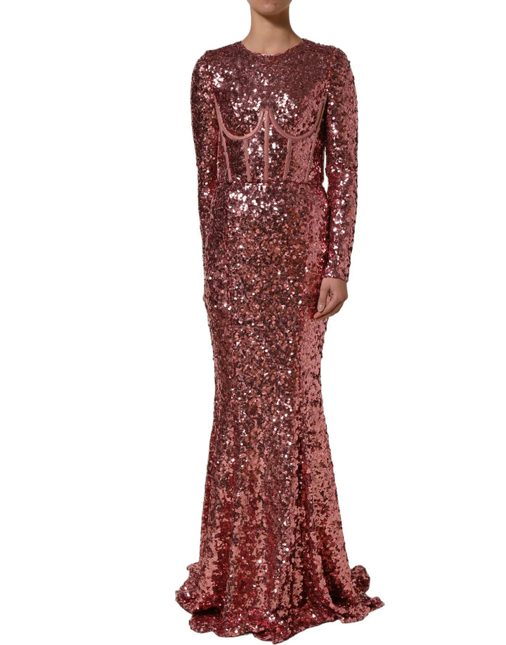 Dolce &amp; Gabbana Pink Long Sequined Corset Detailing Gown Dress