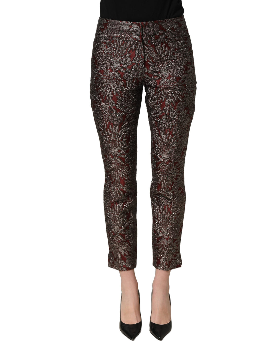 Dolce &amp; Gabbana Burgundy Grey Floral Jacquard Straight Pants