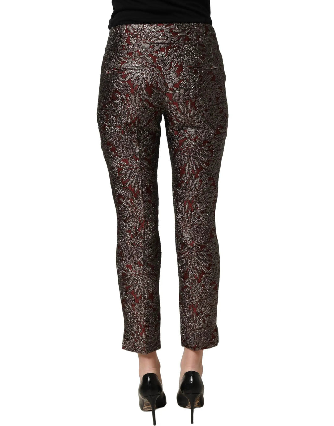 Dolce &amp; Gabbana Burgundy Grey Floral Jacquard Straight Pants