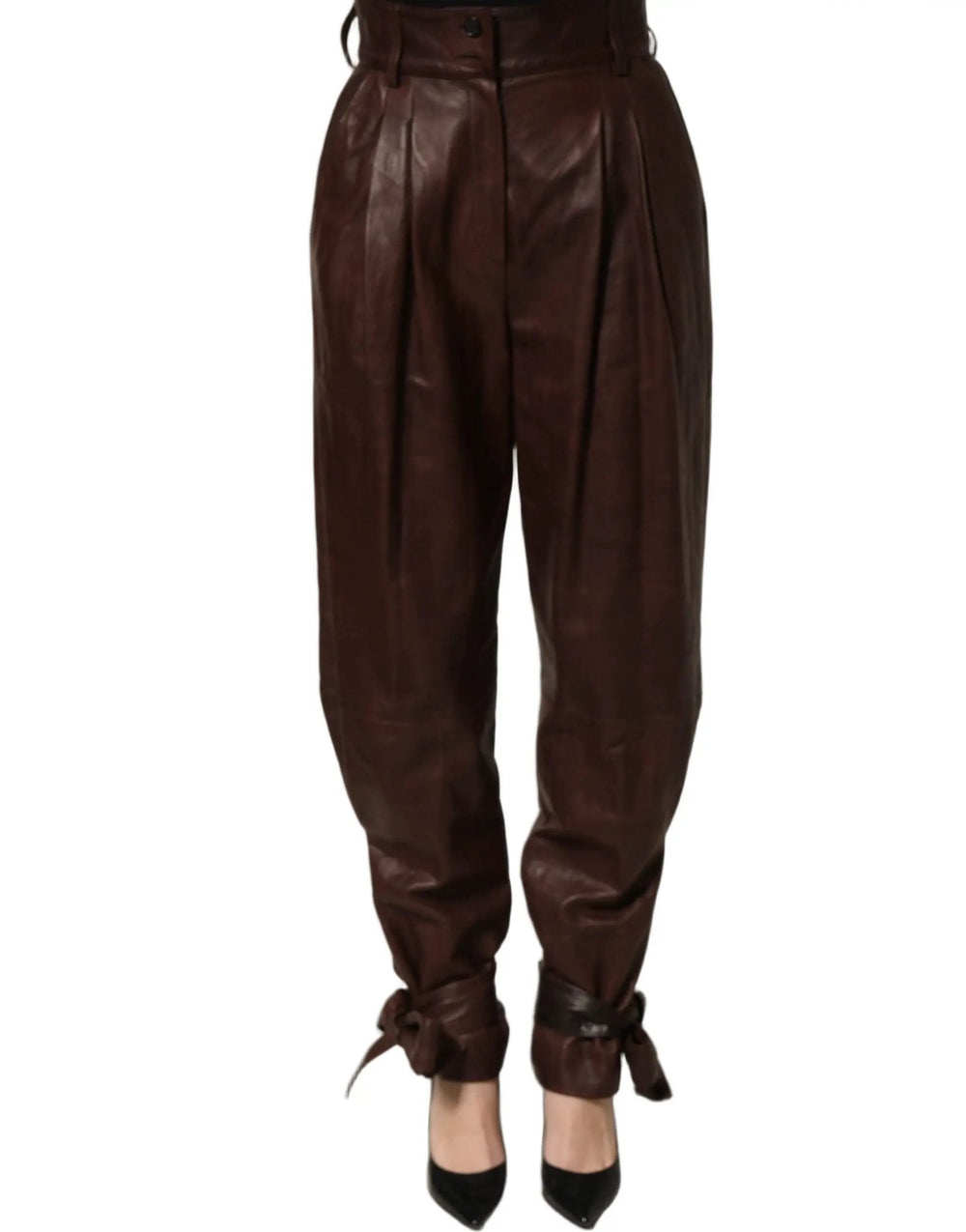 Dolce & Gabbana Sample Sale | Dolce & Gabbana Brown Leather High Waist Tapered Leg Pants - | Designer outlet