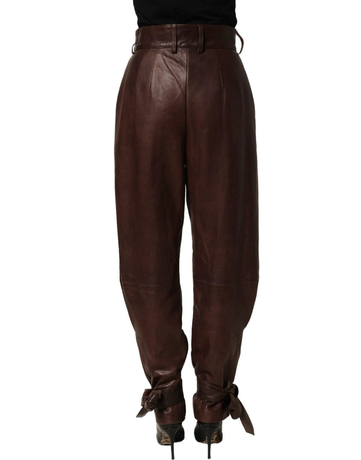 Dolce &amp; Gabbana Brown Leather High Waist Tapered Leg Pants
